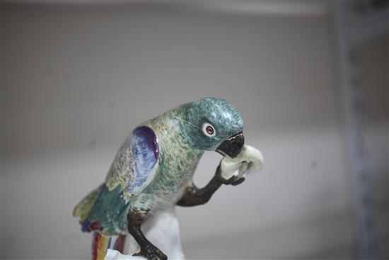 A rare pair of Naples Real Fabbrica porcelain figures of parrots on fruiting branches, early 19th century, height 26.5cm and 27cm, exte